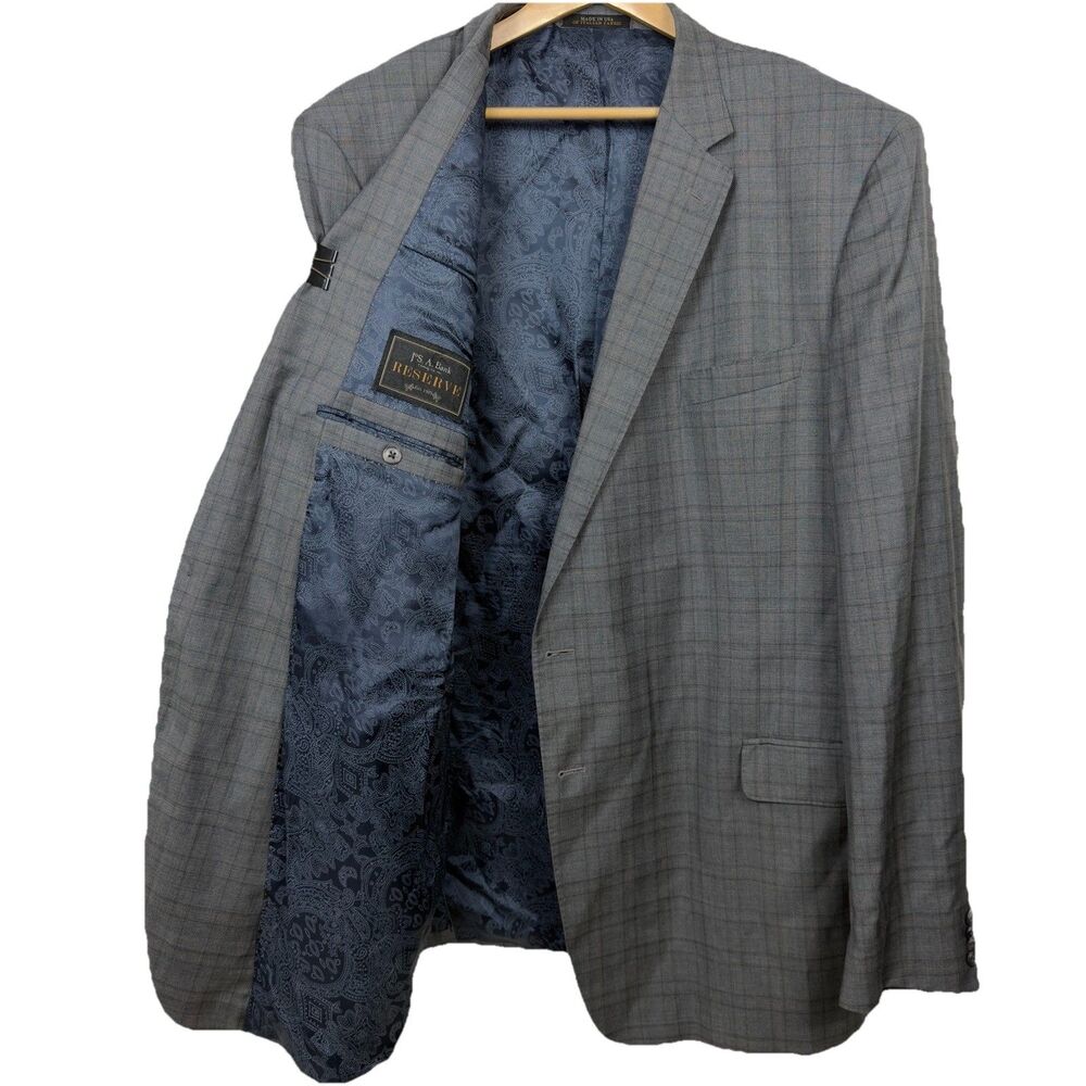 Jos A Bank Reserve Gray Plaid Wool Blazer 54X Custom Rayon Lining Sports Coat